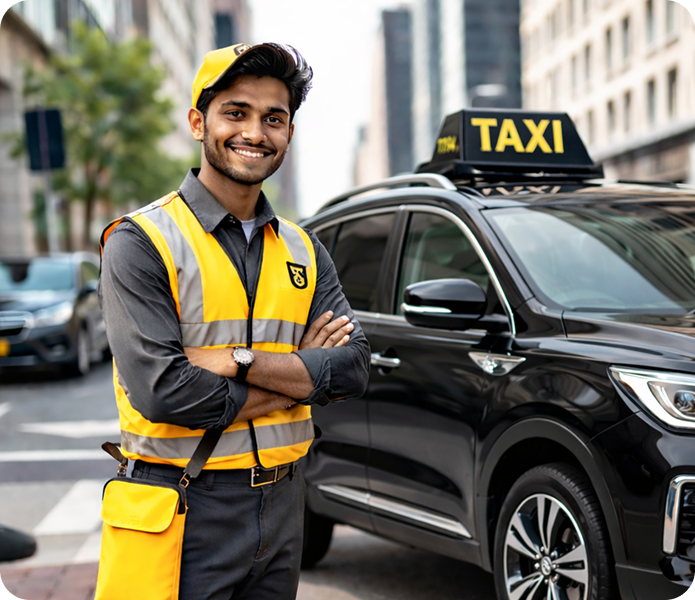 Taxi driver standing near car ready for service